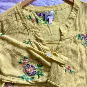 Fig & Flower Embroidered Tunic Top Women 2X Roll Tab LS Yellow Boho Fairy Bright